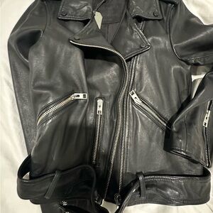 Black Leather Biker Jacket with Silver Zippers